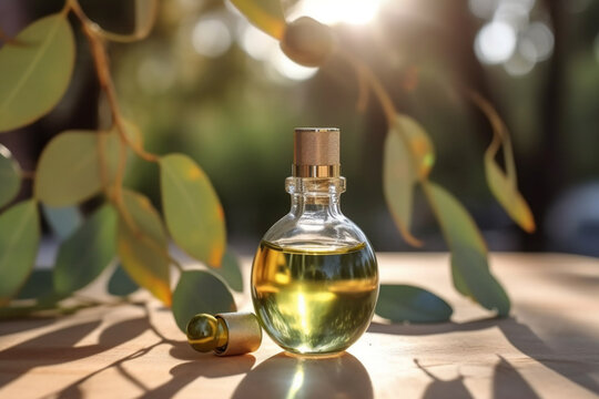 Cosmetic glass dropper bottle with oil, serum or fruit peeling in the sunlight. Green eucalyptus in soft focus. Beauty product presentation on natural background. Ai generative