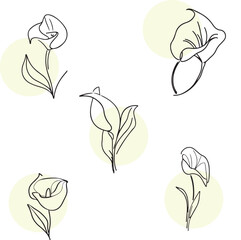 Set of  flowers line art illustrations. Hand drawn black ink style sketch.