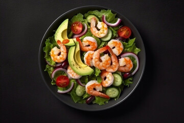 Fresh salad with shrimp, avocado and herbs on a plate. Generative AI.