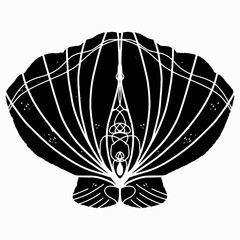 Shell. Sea life. Grunge, black, symmetrical illustration in linocut style. Scandinavian motives. Element for design