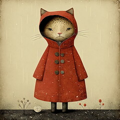 Obraz premium A cat has a red raincoat. A sad feline. Isolated. Generative AI