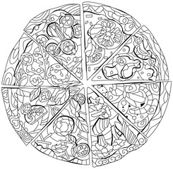 Set of slices of pizza, decorative zentangle vector illustration for coloring