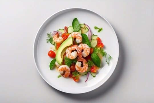 Fresh salad with shrimp, avocado and herbs on a plate. Generative AI.