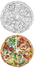 Set of slices of pizza, decorative zentangle vector illustration for coloring. Color and outline set