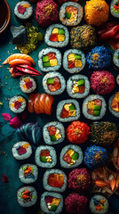 Fototapeta premium Luxurious set design with sushi, sashimi and Japanese food. Autumn style. Top View. Generative AI