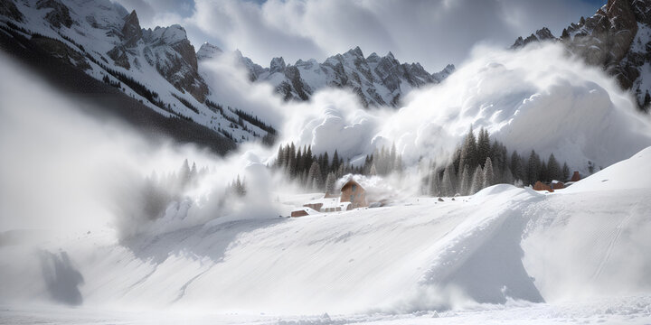 snow avalanche descends on the building. generative ai