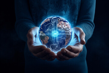 Hand of human holding earth, Earth day. Energy saving concept. Ai generative