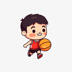 Sports Skills and Active Play, Flat Style Cartoon Vector of a Little Boy Enjoying Basketball