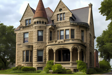 Fototapeta na wymiar Richardsonian Romanesque Style House - Originated in United States in late 19th century, characterized by a rough-faced stone exterior, round arches & massive fortress-like appearance (Generative AI)