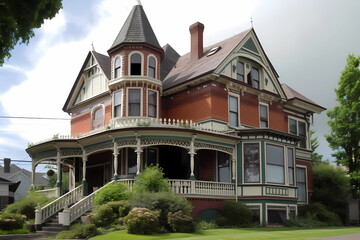 Fototapeta na wymiar Queen Anne Revival Style House - Originated in United States in late 19th & early 20th century, characterized by a grand ornate design with asymmetrical features, turrets & bay windows (Generative AI)