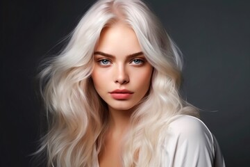 Beautiful girl hair coloring in ultra blond. Stylish hairstyle curls done in a beauty salon. Generative Ai.