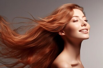 Fototapeta premium Beautiful Hair swinging head from side to side, Young beautiful woman with long perfect healthy shiny hair. Generative ai