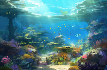 Fototapeta na wymiar Coral reef with fish and coral. Generative AI.