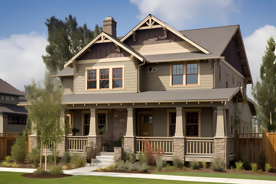 Craftsman Style House - Originated in the United States in the early 20th century, characterized by low-pitched roofs, exposed rafters, and handcrafted details (Generative AI)