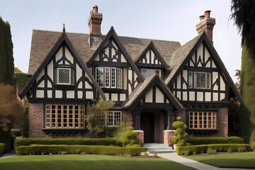 Fototapeta na wymiar Tudor Style House - Originated in England in the 16th century, characterized by half-timbering, steeply pitched roofs, and decorative chimneys (Generative AI)