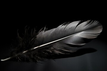 Black feather isolated on black background. Generative AI.