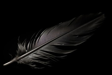 Black feather isolated on black background. Generative AI.