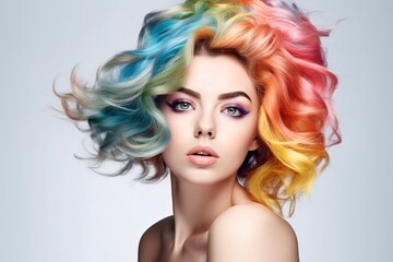 Beautiful woman with multi-colored rainbow hair and creative make up and hairstyle. Beauty face. Generative Ai.