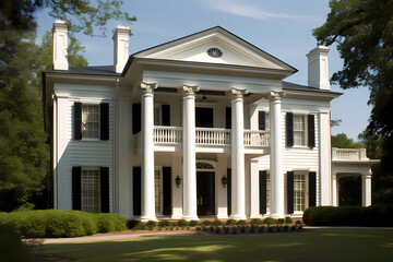 Fototapeta na wymiar Greek Revival Style House - Originated in the late 18th and early 19th century in the United States, characterized by a symmetrical design with columns, pediments, and a front porch (Generative AI)