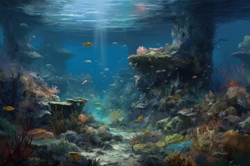 Fototapeta na wymiar Coral reef with fish and coral. Generative AI.