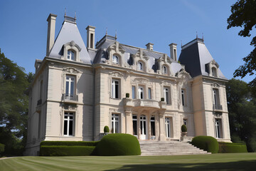 Fototapeta na wymiar Chateau Style House - Originated in France in the 16th century, characterized by a castle-like design with turrets, towers, and a steep-pitched roof (Generative AI)
