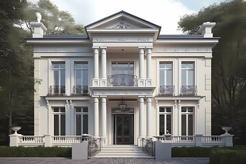 Fototapeta na wymiar Neoclassical Style House - Originated in Europe in the mid-18th century, characterized by a symmetrical design with columns, a pediment, and a central front door (Generative AI)