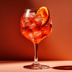 Cocktail with orange and ice in a glass on a red background