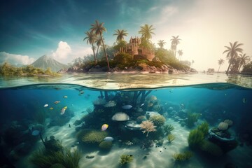 Underwater of tropical paradise island. Generative AI.