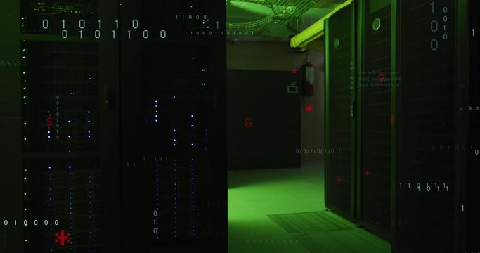 Animation of symbols and binary coding data processing against computer server room
