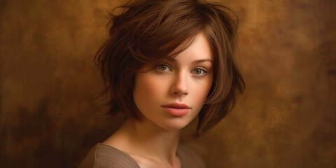 Portrait of a beautiful brown-haired woman with a short haircut on a brown background. Generative ai.
