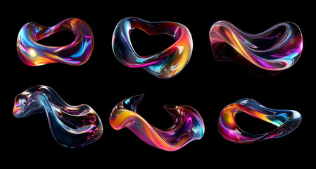 Transparent rainbow liquid flow shapes set isolated. Iridescent holographic wavy fluid glass circle substance, diffraction effect. Ai generated - obrazy, fototapety, plakaty