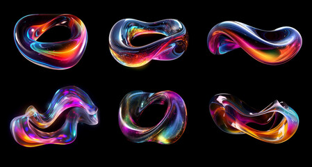 Transparent rainbow liquid flow shapes set isolated. Iridescent holographic wavy fluid glass circle substance, diffraction effect. Ai generated