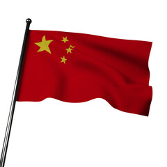 China flag waving on gray background. Red with five golden stars in top left corner, arranged in five-pointed pattern. Symbolizes revolution, communist party, and unity of Chinese people.