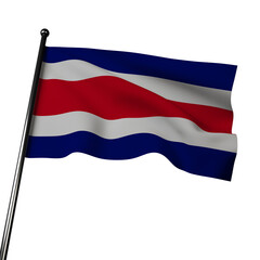A waving Costa Rica flag on gray, represented in a 3D rendering. The flag features five stripes of blue, white, and red, symbolizing sky, peace, blood, purity, and sea. 