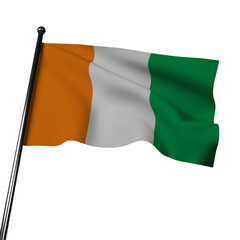 Fototapeta premium A 3D rendering of the Cote d'Ivoire flag waving on a gray background. The flag features three vertical stripes of orange, white, and green, representing the country's savannas, peace, and forests.
