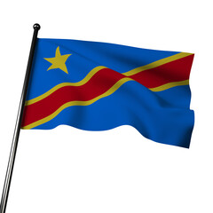 This 3D render of the Congo flag shows a waving blue cloth on a gray background. It features a diagonal stripe of yellow, red, and blue, with a yellow star 