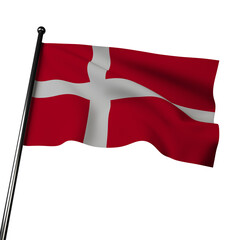 The Denmark flag 3D rendering on gray features a red field with a white Scandinavian cross. The colors symbolize courage, strength, and the Christian faith