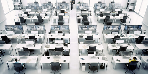 Office table group work top view isolated on white, downward view of a modern office with rows of neatly arranged desks and chairs, filled with employees working - Generative AI