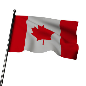 3D render of Canadian flag waving on gray background. Red field with white square in center, featuring red maple leaf symbol representing natural beauty and cultural diversity. 