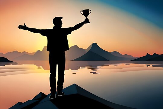 Silhouette of a man standing on a mountain top overlooking a lake holding a trophy at sunset. A conceptual flat cartoon illustration symbolizing success, achieving goal, leadership, and winner.