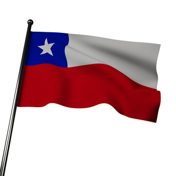 Chile flag waving on gray background. White and red horizontal bands, blue square in canton with white star. Represents Andean snow, sky, ocean, independence blood, progress, and honor.