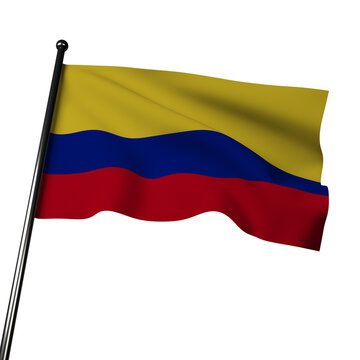 3D render of the Colombian flag waving on a gray background. The flag features three horizontal bands of yellow, blue, and red. The cloth appears to be in motion, creating a dynamic effect.