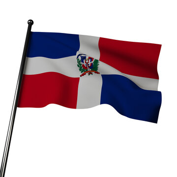 Dominican Republic flag 3D waving illustration on gray with a white cross, red and blue rectangles, and coat of arms. Colors represent freedom, independence, heritage. 