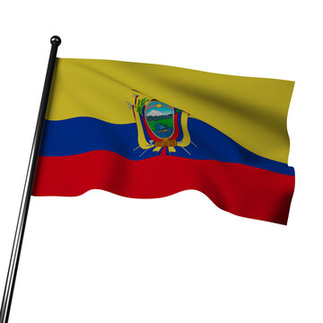 Ecuador flag 3D illustration on gray has yellow, blue, and red stripes with a coat of arms. Colors represent sun, sea, and blood of heroes. 