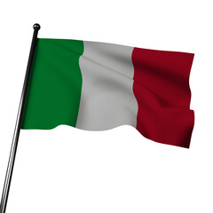 The Italian flag flutters in the wind, portrayed in 3D on a gray background. This tricolor banner features green, white, and red horizontal stripes (hope, faith, and charity)
