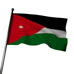 3D Jordan flag waving on a grey background. The tricolor design, black, white and green, represents the Abbasid, Umayyad, and Fatimid caliphates respectively. 