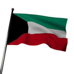 3D Kuwaiti flag flutters against a gray background. Ithas a black trapezoid on the hoist side and three horizontal stripes of equal size. 