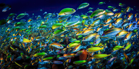 Fototapeta na wymiar In the tropical island's clear waters, there are thousands of small, colorful fish darting around - Generative AI