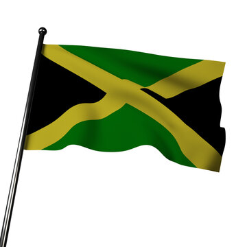 The 3D rendering of the Jamaican flag shows diagonal bands in gold, green, and black fluttering against a neutral gray background. 