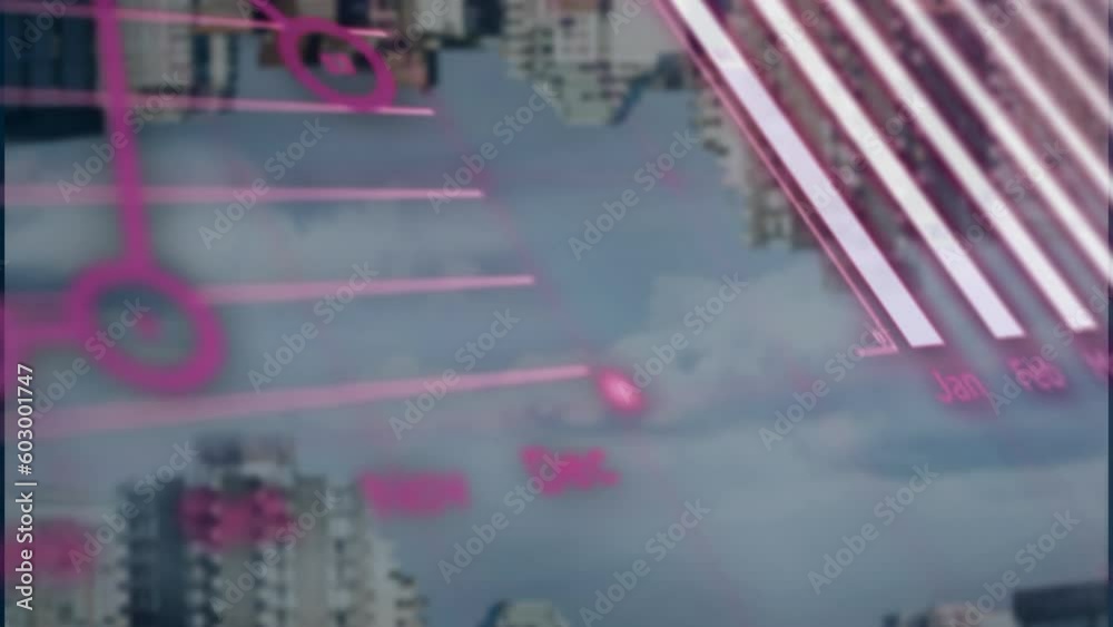 Poster animation of statistical data processing against view of inverted cityscape